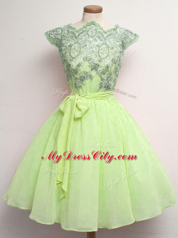 Chiffon Scalloped Cap Sleeves Lace Up Lace and Belt Bridesmaid Dress in Yellow Green