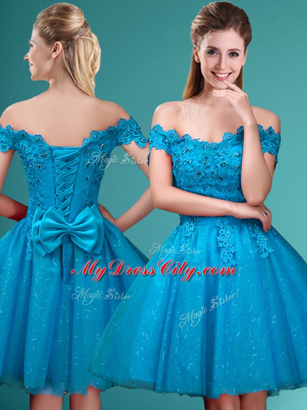 Aqua Blue Cap Sleeves Lace and Belt Knee Length Bridesmaid Gown