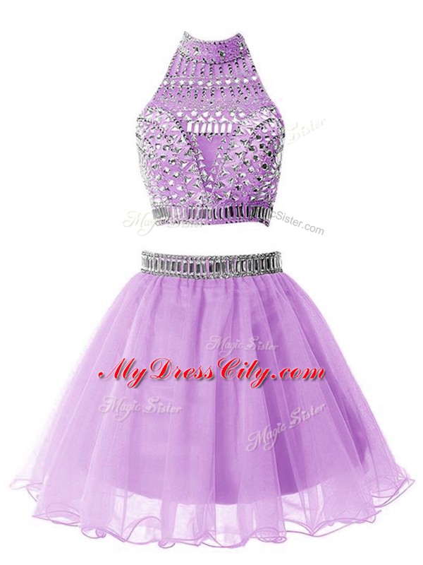 Knee Length Lilac Dama Dress Organza Sleeveless Beading