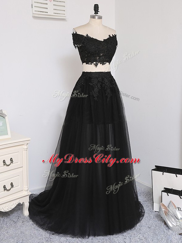 Great Sleeveless Tulle Floor Length Zipper Homecoming Dress Online in Black with Beading