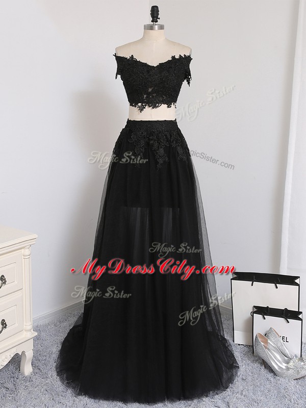 Great Sleeveless Tulle Floor Length Zipper Homecoming Dress Online in Black with Beading