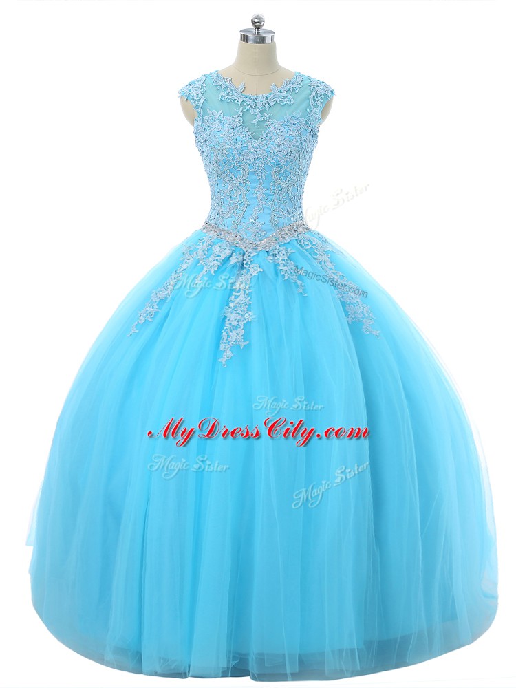 Most Popular Floor Length Lace Up 15th Birthday Dress Aqua Blue for Sweet 16 and Quinceanera with Appliques