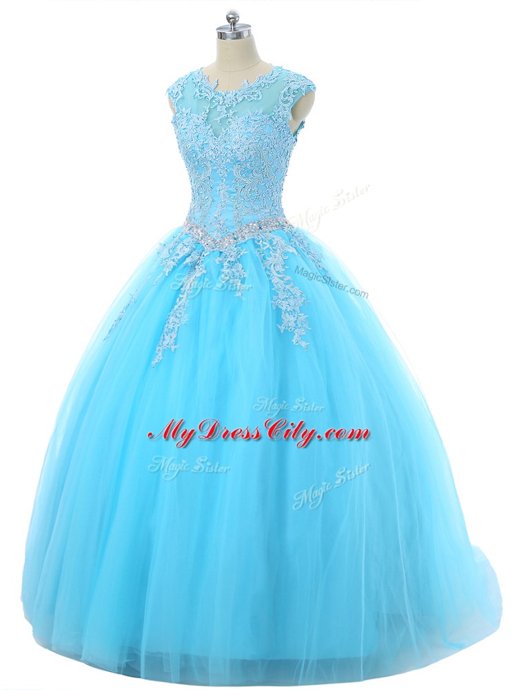 Most Popular Floor Length Lace Up 15th Birthday Dress Aqua Blue for Sweet 16 and Quinceanera with Appliques