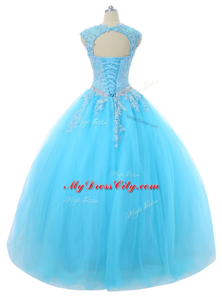 Most Popular Floor Length Lace Up 15th Birthday Dress Aqua Blue for Sweet 16 and Quinceanera with Appliques