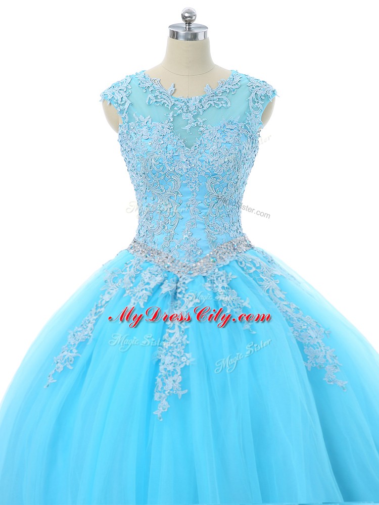 Most Popular Floor Length Lace Up 15th Birthday Dress Aqua Blue for Sweet 16 and Quinceanera with Appliques