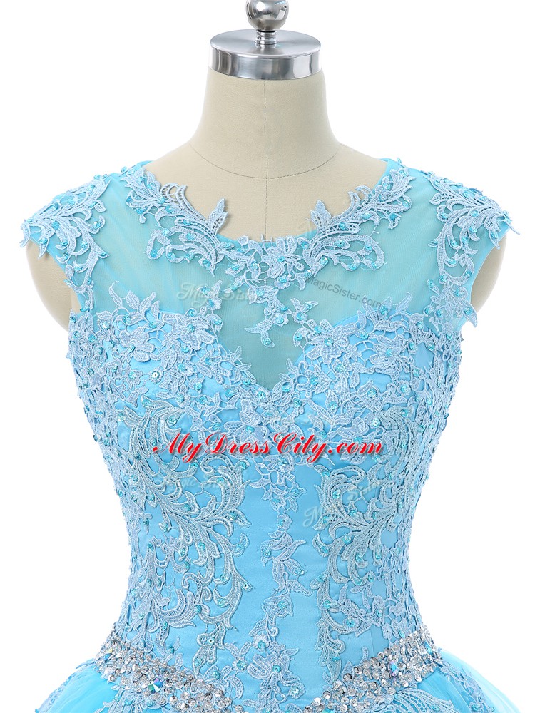 Most Popular Floor Length Lace Up 15th Birthday Dress Aqua Blue for Sweet 16 and Quinceanera with Appliques