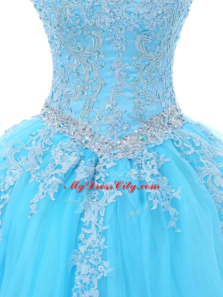 Most Popular Floor Length Lace Up 15th Birthday Dress Aqua Blue for Sweet 16 and Quinceanera with Appliques