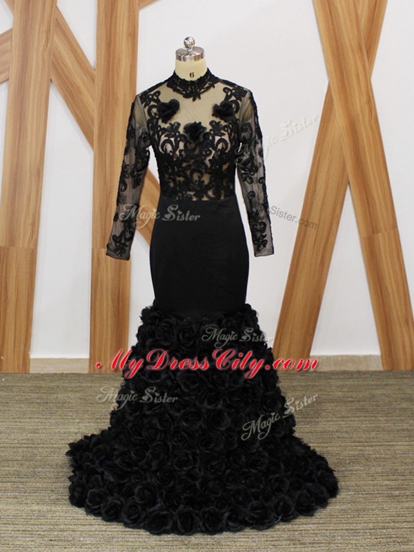 Fancy Black Mermaid Beading and Lace and Appliques and Hand Made Flower Mother Dresses Backless Fabric With Rolling Flowers Long Sleeves