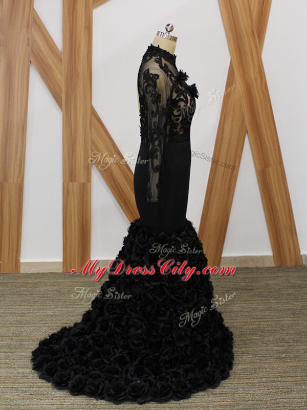 Fancy Black Mermaid Beading and Lace and Appliques and Hand Made Flower Mother Dresses Backless Fabric With Rolling Flowers Long Sleeves