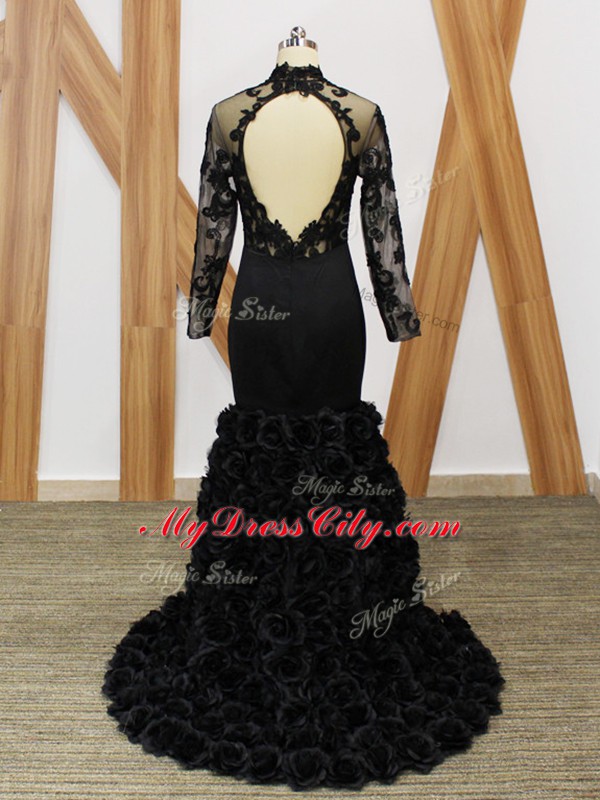 Fancy Black Mermaid Beading and Lace and Appliques and Hand Made Flower Mother Dresses Backless Fabric With Rolling Flowers Long Sleeves