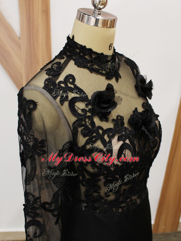 Fancy Black Mermaid Beading and Lace and Appliques and Hand Made Flower Mother Dresses Backless Fabric With Rolling Flowers Long Sleeves