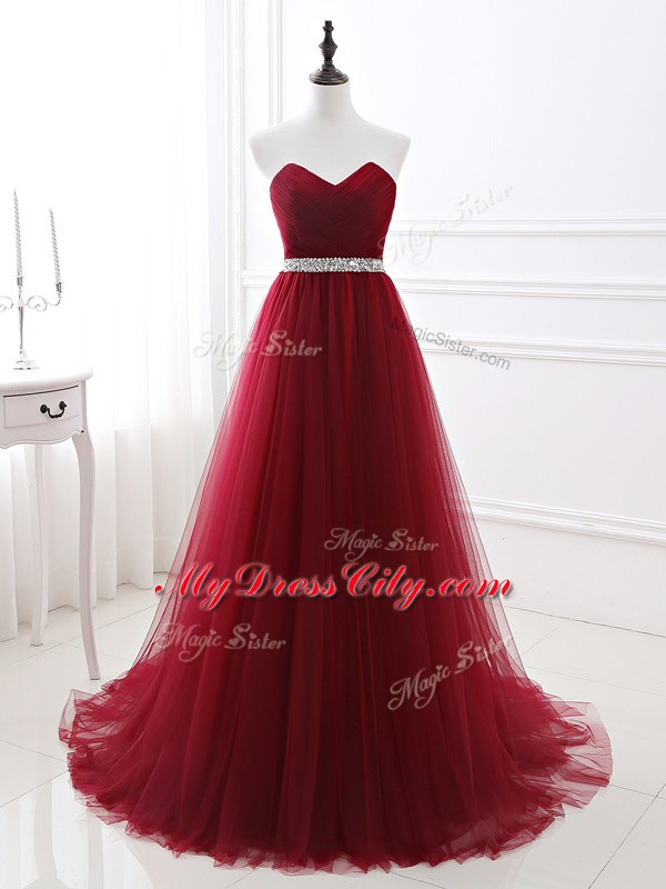 Lovely Sweetheart Sleeveless Tulle Homecoming Dress Beading Brush Train Lace Up