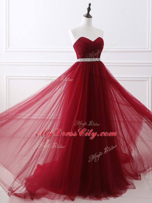 Lovely Sweetheart Sleeveless Tulle Homecoming Dress Beading Brush Train Lace Up