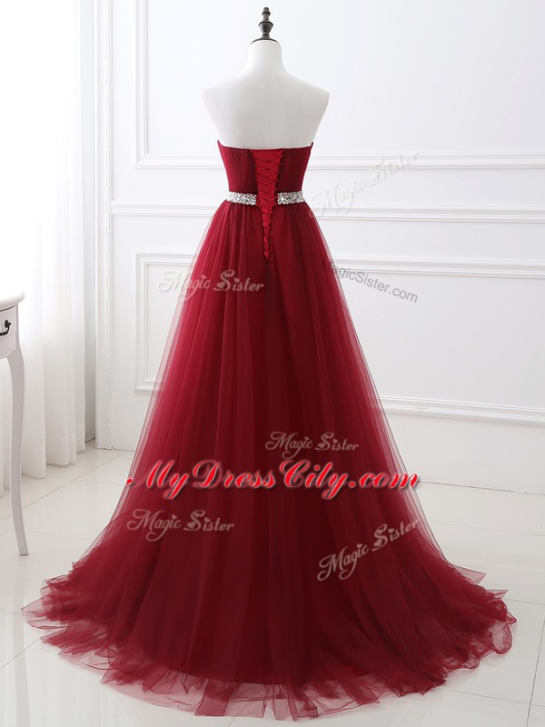 Lovely Sweetheart Sleeveless Tulle Homecoming Dress Beading Brush Train Lace Up