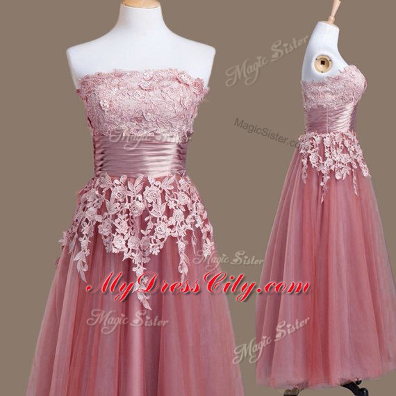 Pink Lace Up Strapless Appliques Dama Dress Tulle Sleeveless