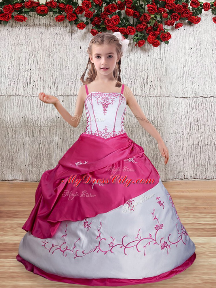 Hot Pink Straps Lace Up Embroidery Kids Formal Wear Sleeveless