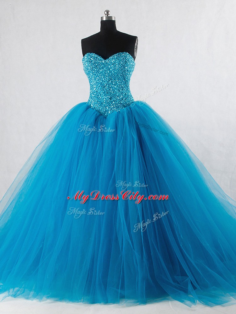 Customized Baby Blue Ball Gowns Beading Quinceanera Gowns Lace Up Tulle Sleeveless Floor Length