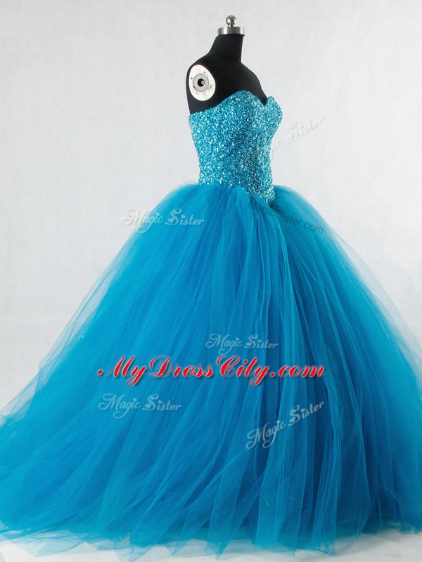 Customized Baby Blue Ball Gowns Beading Quinceanera Gowns Lace Up Tulle Sleeveless Floor Length