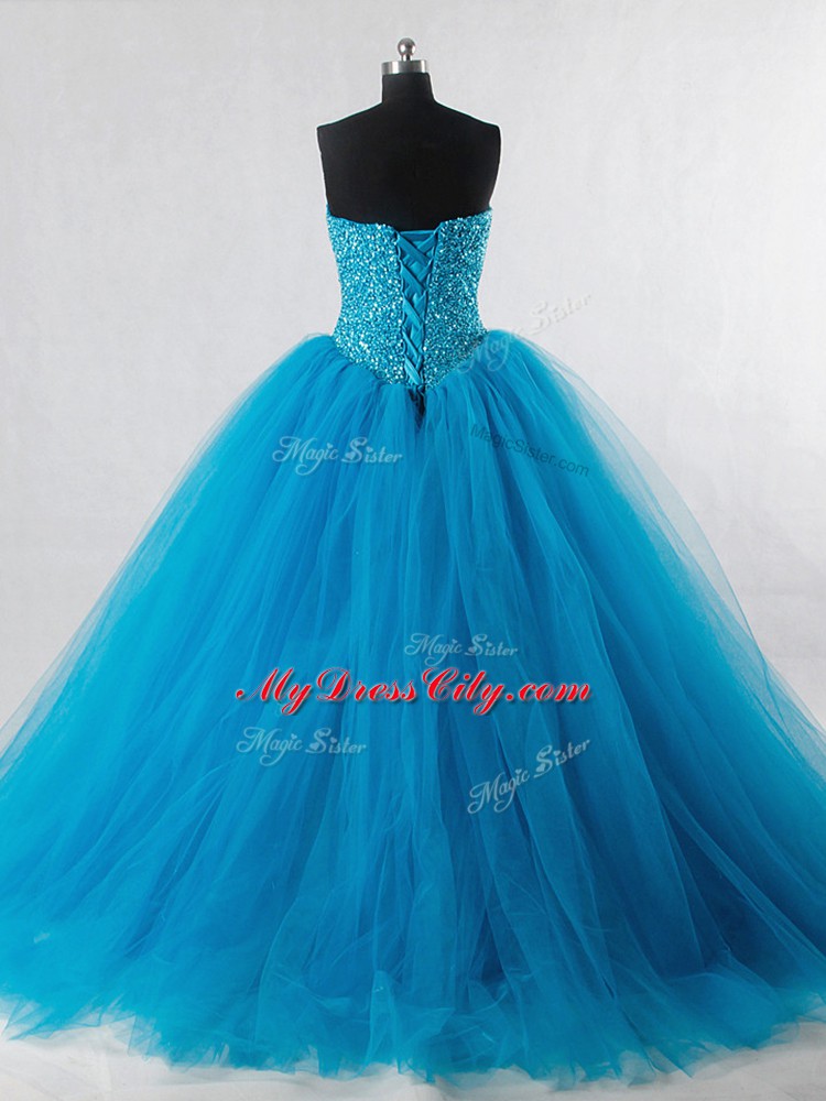 Customized Baby Blue Ball Gowns Beading Quinceanera Gowns Lace Up Tulle Sleeveless Floor Length