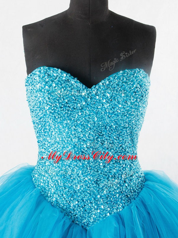 Customized Baby Blue Ball Gowns Beading Quinceanera Gowns Lace Up Tulle Sleeveless Floor Length