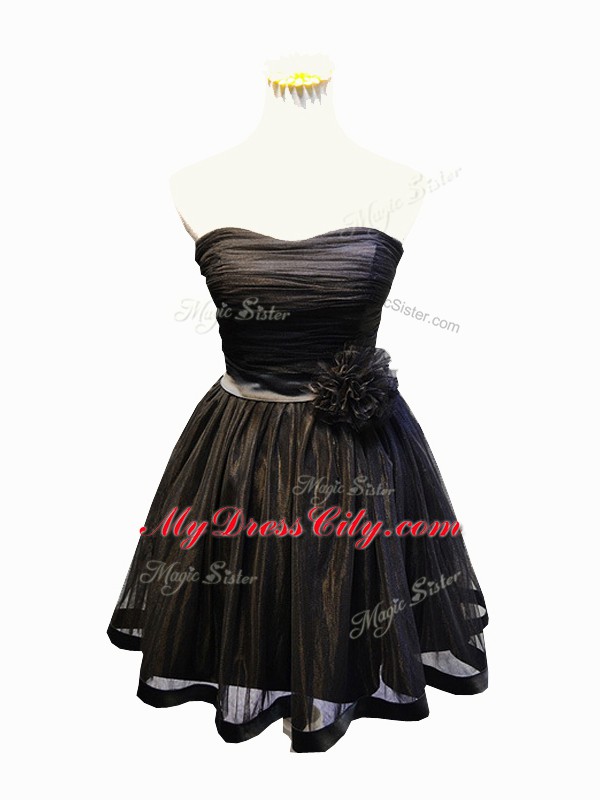 Sleeveless Tulle Mini Length Lace Up Prom Gown in Black with Ruching and Bowknot and Hand Made Flower