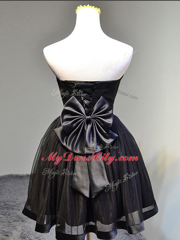 Sleeveless Tulle Mini Length Lace Up Prom Gown in Black with Ruching and Bowknot and Hand Made Flower