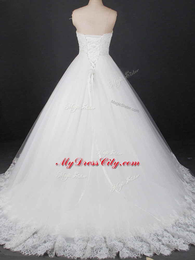 Ball Gowns Sleeveless White Wedding Gowns Brush Train Lace Up