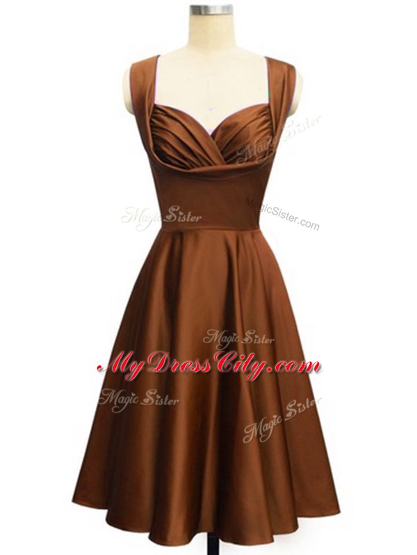 Chocolate Taffeta Lace Up Straps Sleeveless Knee Length Bridesmaid Dresses Ruching