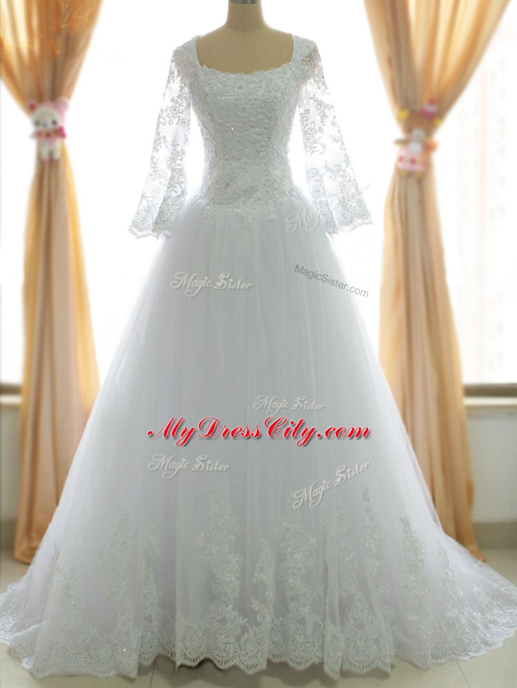 Custom Made White Sleeveless Tulle Brush Train Zipper Wedding Gowns for Beach and Wedding Party