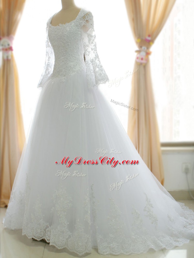 Custom Made White Sleeveless Tulle Brush Train Zipper Wedding Gowns for Beach and Wedding Party