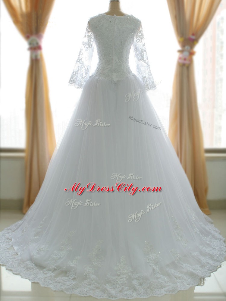 Custom Made White Sleeveless Tulle Brush Train Zipper Wedding Gowns for Beach and Wedding Party