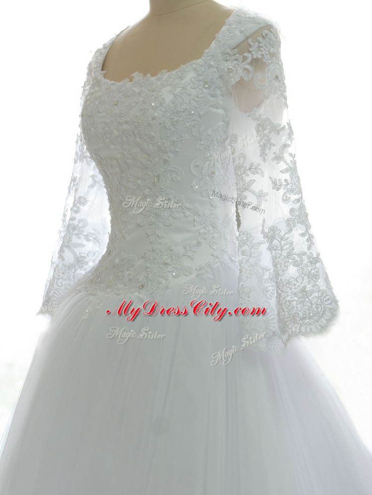 Custom Made White Sleeveless Tulle Brush Train Zipper Wedding Gowns for Beach and Wedding Party