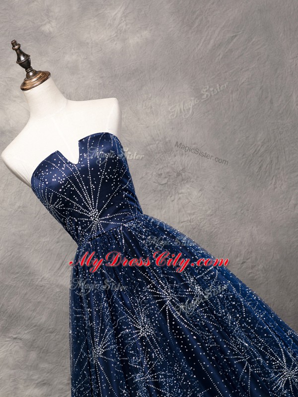 Hot Sale Navy Blue V-neck Neckline Beading Homecoming Dress Sleeveless Lace Up