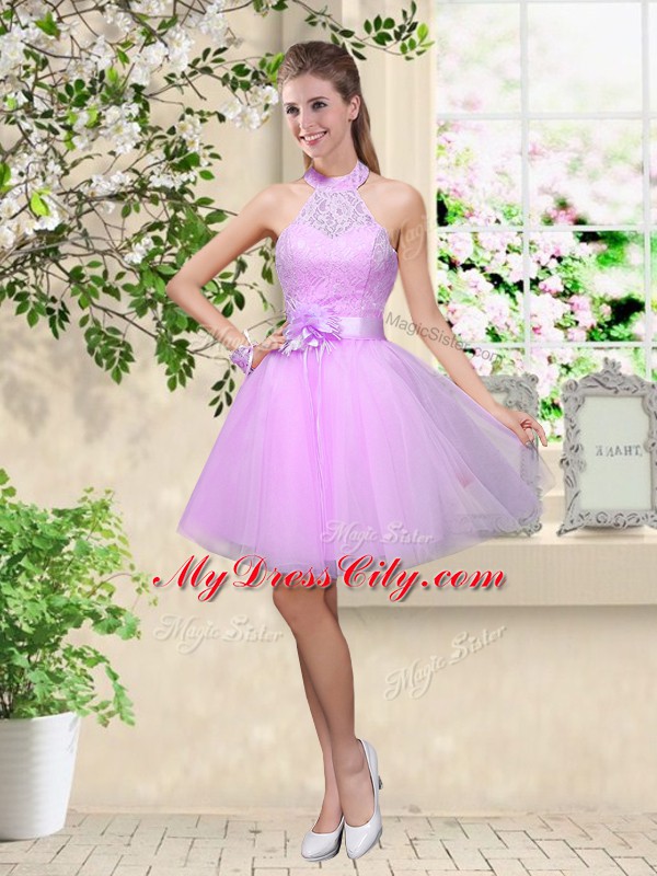 Knee Length A-line Sleeveless Lavender Bridesmaid Gown Lace Up