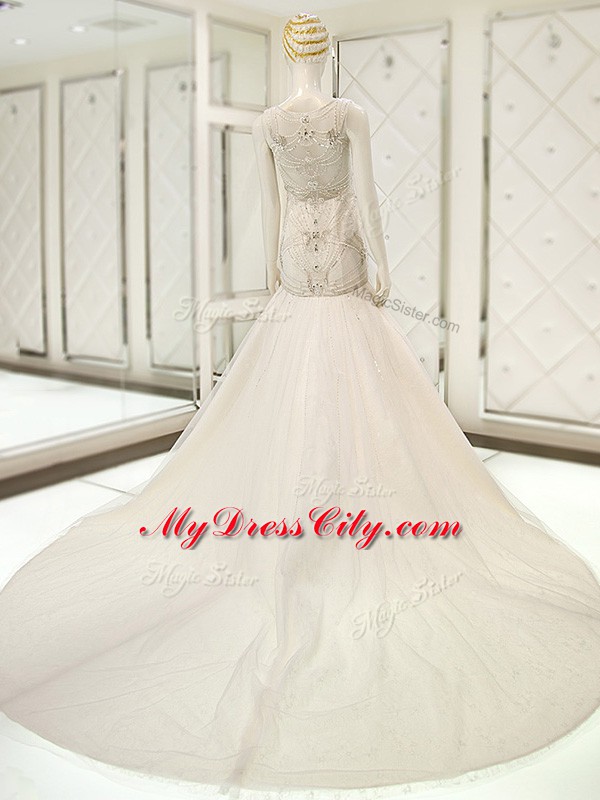 White Wedding Gown Wedding Party with Beading V-neck Sleeveless Court Train Side Zipper