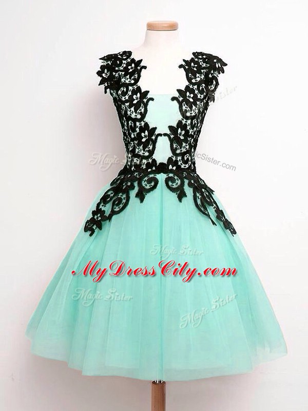 Captivating Turquoise A-line Straps Sleeveless Tulle Knee Length Lace Up Lace Bridesmaid Gown