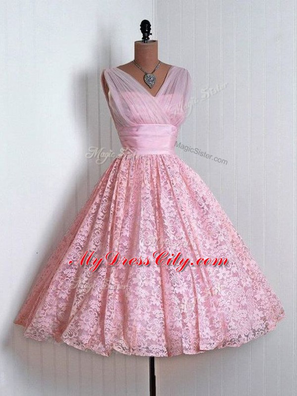 Baby Pink Lace Lace Up V-neck Sleeveless Mini Length Dama Dress for Quinceanera Lace