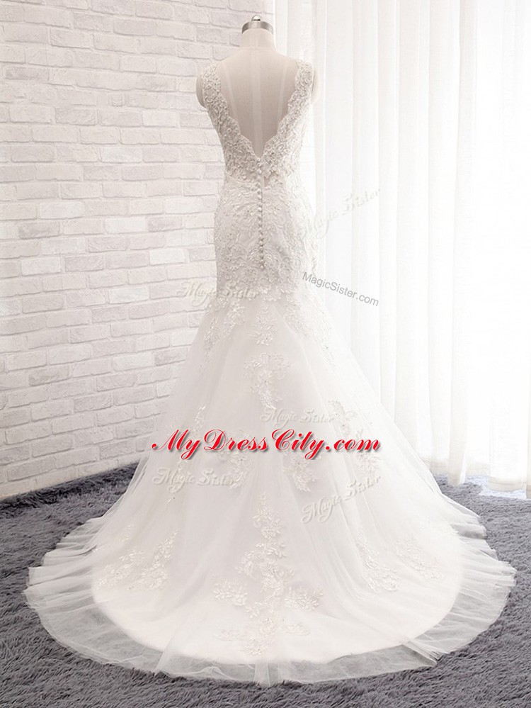 Decent White Tulle Clasp Handle Bridal Gown Sleeveless Brush Train Lace