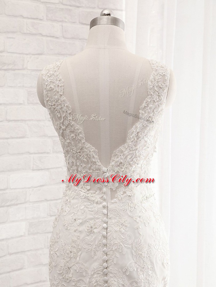 Decent White Tulle Clasp Handle Bridal Gown Sleeveless Brush Train Lace