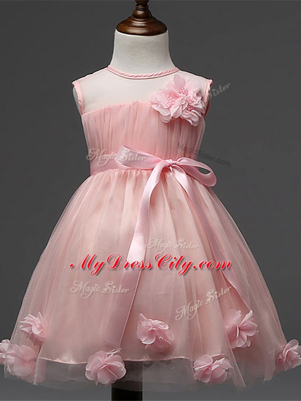 Beautiful Tulle Sleeveless Knee Length Little Girls Pageant Dress and Hand Made Flower