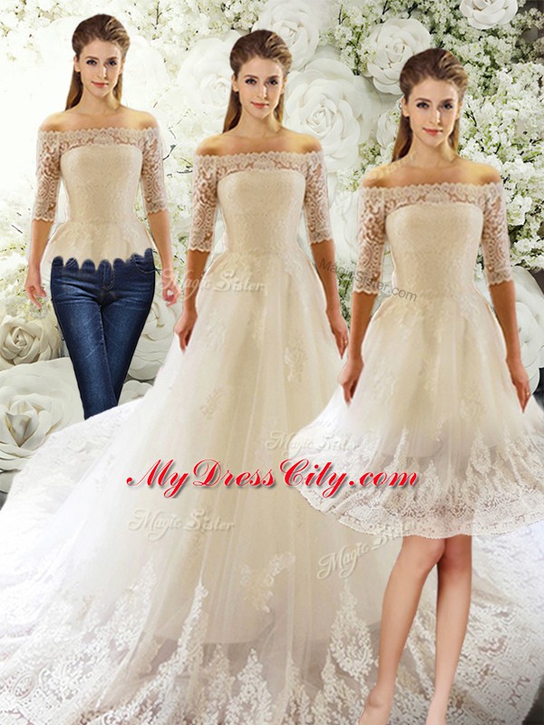 Enchanting White Wedding Gowns Off The Shoulder Half Sleeves Court Train Clasp Handle