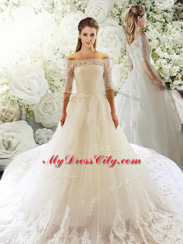 Enchanting White Wedding Gowns Off The Shoulder Half Sleeves Court Train Clasp Handle