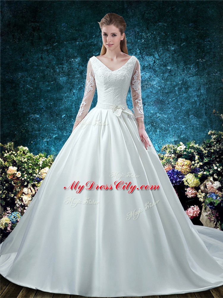 Satin V-neck 3 4 Length Sleeve Chapel Train Lace Up Lace and Belt Wedding Gowns in White