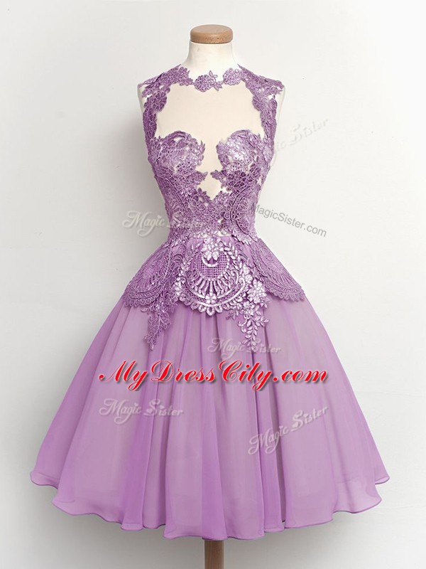 Sleeveless Chiffon Knee Length Lace Up Bridesmaid Dresses in Lilac with Lace