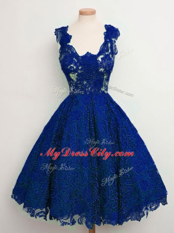 Modest Royal Blue Straps Lace Up Lace Bridesmaid Gown Sleeveless