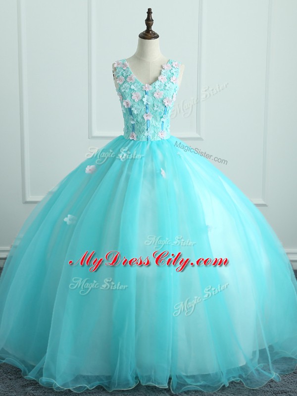 Aqua Blue Ball Gowns Appliques Sweet 16 Dresses Lace Up Organza Sleeveless Floor Length