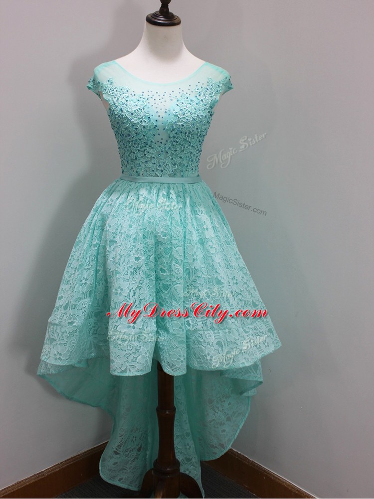 Beauteous Aqua Blue A-line Scoop Cap Sleeves Lace High Low Zipper Beading and Lace Damas Dress