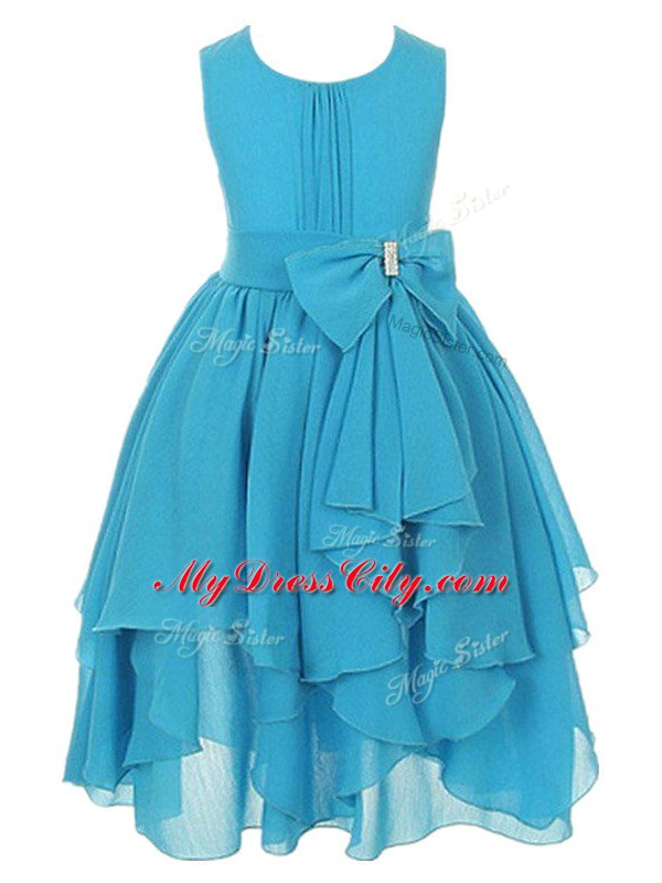 Aqua Blue Empire Scoop Sleeveless Chiffon Asymmetrical Zipper Ruffles and Bowknot Toddler Flower Girl Dress