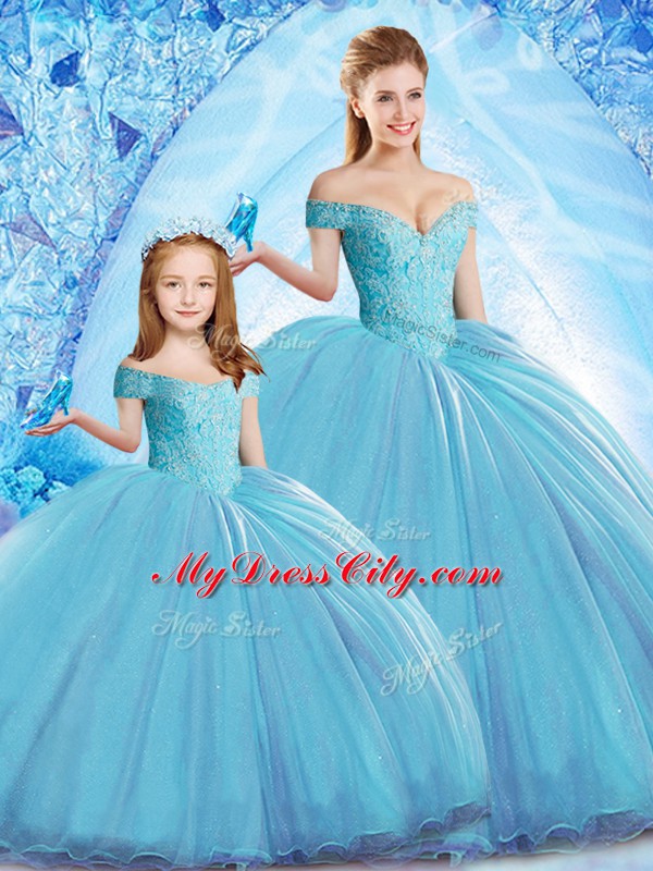 Flirting Baby Blue Off The Shoulder Lace Up Beading 15th Birthday Dress Sweep Train Sleeveless