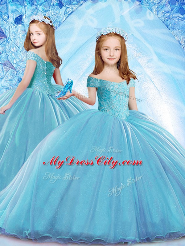 Flirting Baby Blue Off The Shoulder Lace Up Beading 15th Birthday Dress Sweep Train Sleeveless